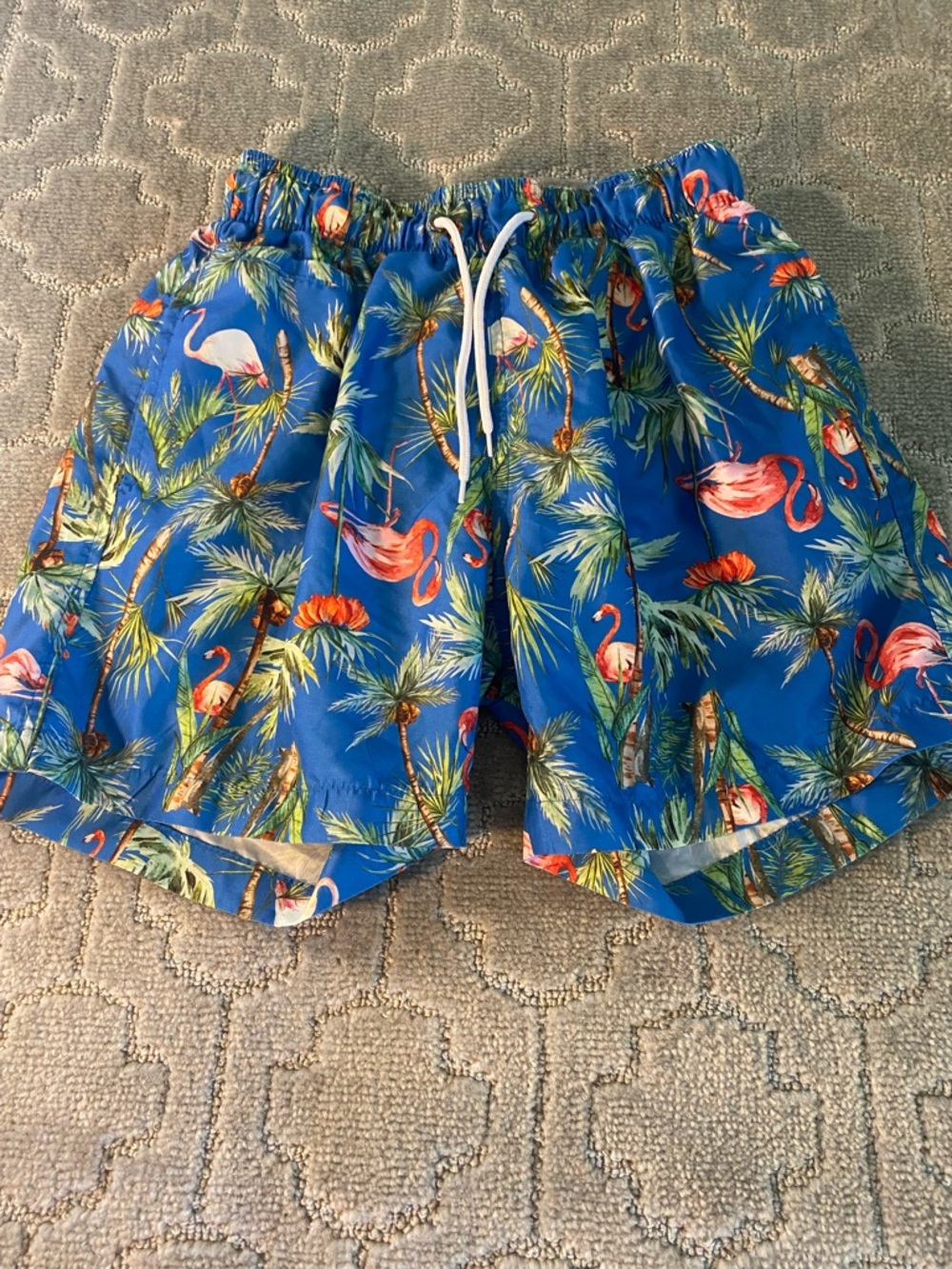 Charleston Threads Swim Trunks Mens Medium‎ Blue Flamingo Palm Trees